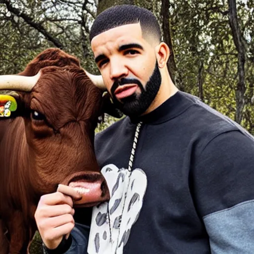 Prompt: a photo of drake with a cow