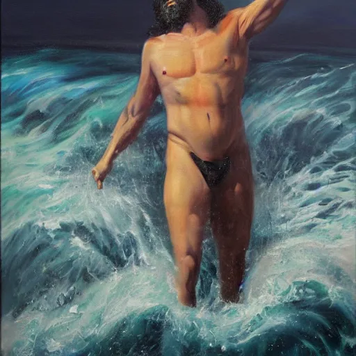 Image similar to portrait of proud and screaming Poseidon rising from the ocean, ready to fight with trident, oil painting, dark colors, sinister atmosphere