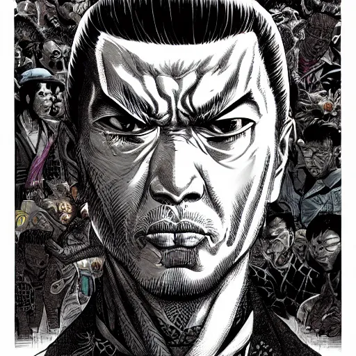 Prompt: portrait closeup of crazy yakuza man, symmetrical, by yoichi hatakenaka, masamune shirow, josan gonzales and dan mumford, ayami kojima, takato yamamoto, barclay shaw, karol bak, yukito kishiro