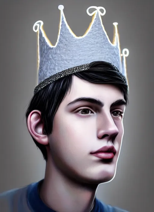 Image similar to portrait of teenage jughead jones wearing a light grey crown, photorealistic, crown made of felt fabric, crown, crown made of felt, black hair, intricate, elegant, highly detailed, digital painting, glowing lights, artstation, concept art, smooth, sharp focus, illustration, art by wlop, mars ravelo and greg rutkowski