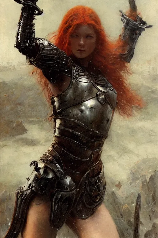 Prompt: muscular redhead young woman wearing black medieval armour, bare legs, detailed, by gaston bussiere, bayard wu, greg rutkowski, giger, maxim verehin, greg rutkowski, masterpiece, sharp focus, cinematic lightning