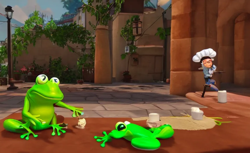 Image similar to ps 5 game about a cute frog chef in italy, unity screenshot,