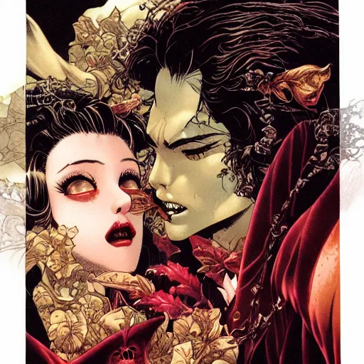 Image similar to closeup of vampire kiss, by yoichi hatakenaka, masamune shirow, josan gonzales and dan mumford, ayami kojima, takato yamamoto, karol bak