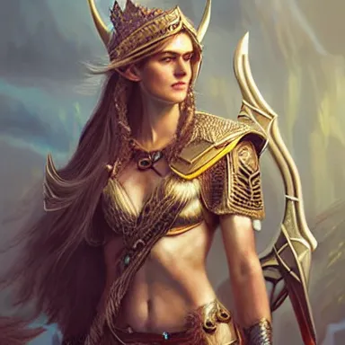 Image similar to Portrait elven viking girl warrior lady viking valkyrie, alexandra daddario, 4k oil on linen by wlop, artgerm, andrei riabovitchev, nuri iyem, james gurney, james jean, greg rutkowski, highly detailed, soft lighting 8k resolution