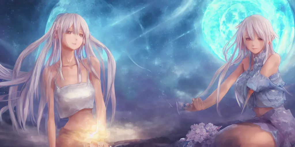 Prompt: final fantasy key visual of a pretty anime girl with blue flowing hair, wearing a short skirt and a crop top, meditating in a magical fantasy temple at night, moonlight, sacred symbols, magical, highly detailed, digital art, artstation, smooth, hard focus, anime cinematic, art by shibashake, cryengine 5 - in the style of final fantasy