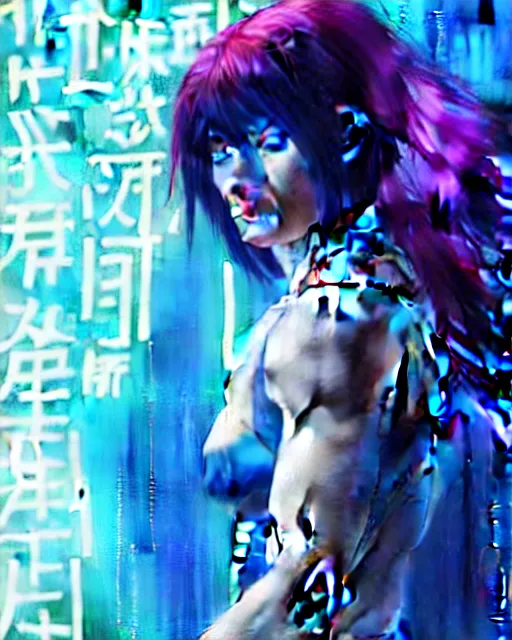 Image similar to electric blue haired cyborg muscular sophie turner in ghost in the shell poster, artgerm, jeremy lipkin, fine detail!!