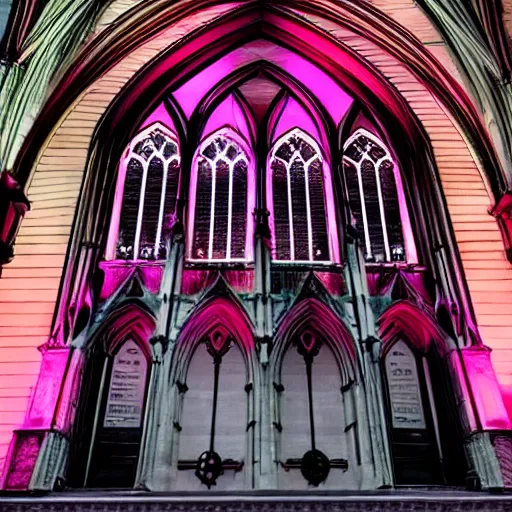 Image similar to A beautiful gothic cathedral with a pink neon sign spelling the word ODOO in rounded lowercase letters above its door, dramatic lighting, photorealistic