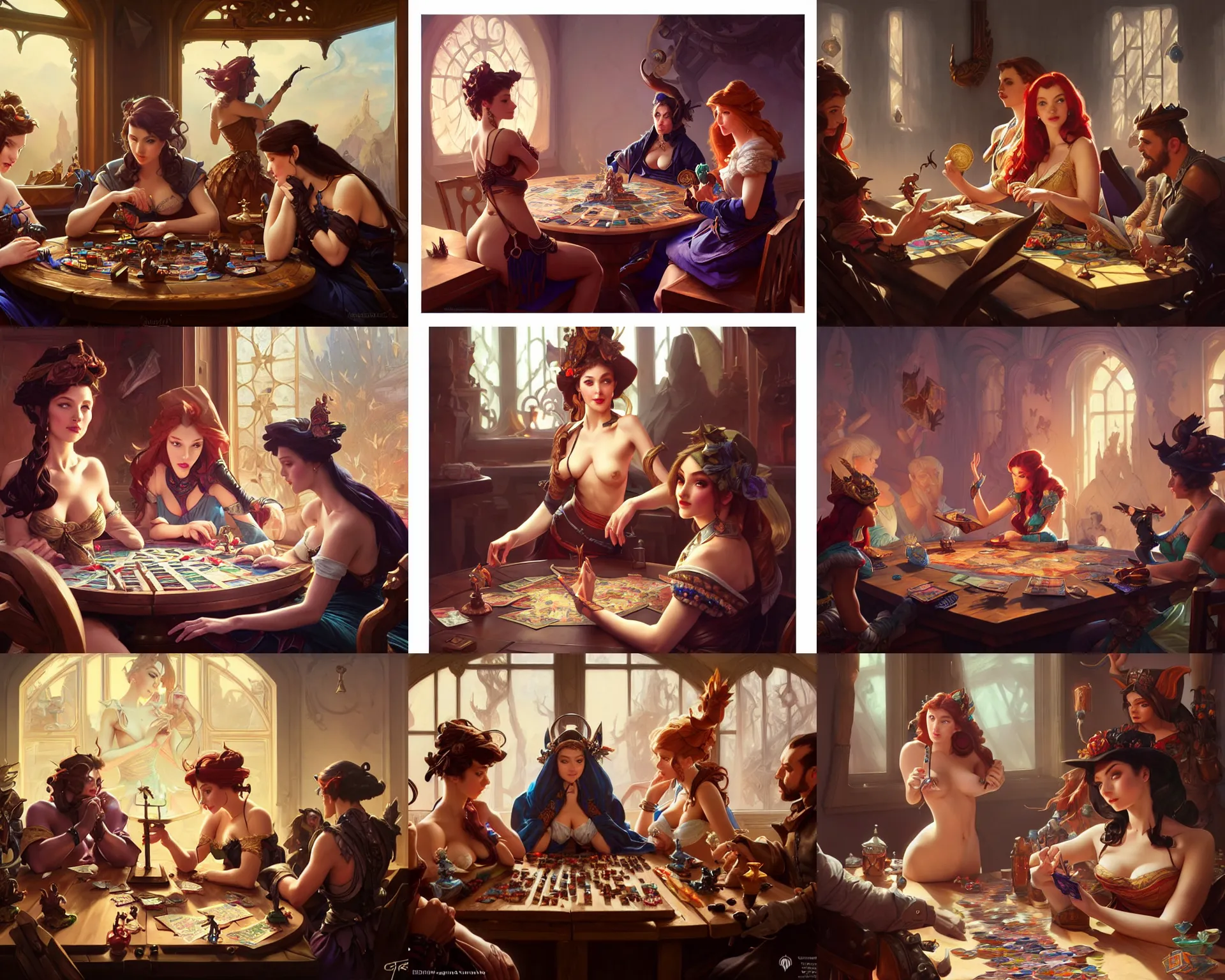 Prompt: tartooed pinups sitting at table playing dnd, deep focus, fantasy, intricate, elegant, highly detailed, digital painting, artstation, concept art, matte, sharp focus, illustration, hearthstone, art by artgerm and greg rutkowski and alphonse mucha.