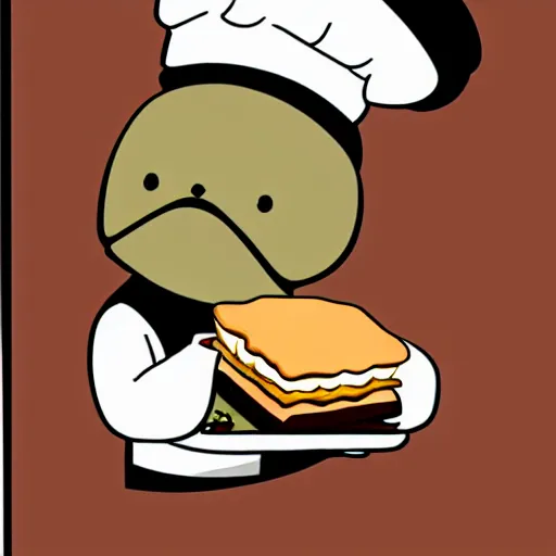 Image similar to manga cute platypus on a kitchen wearing a chef hat and holding a lasagna into an oven, manga style