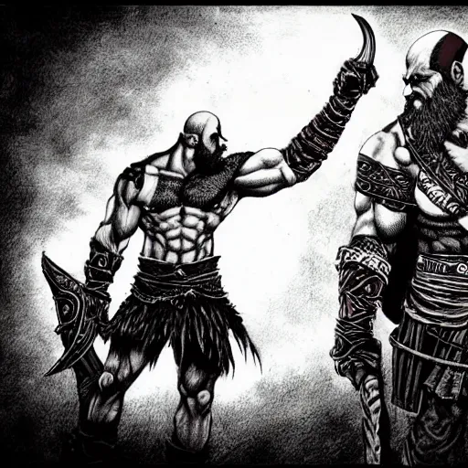 Image similar to god of war, kratos, fight scene still, manga, detailed drawing, featured on pixiv, gothic art, official art, by kentaro miura