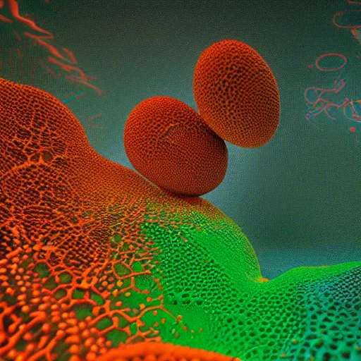 Image similar to highly detailed 3 d rendering in octane and vray of a colorful slime mold made of cellular automata according to golden ratio pattern floating in space. beautiful mystical lighting, mist, sigma 2 4 mm