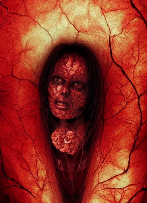 Prompt: dramatic red matte portrait painting of woman with black mandelbrot fractal instead of face, horror, body horror, dark art, 4 k, detailed, realistic, psychotic, insane, crazy, mental illness, dramatic,