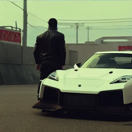 Image similar to cyberpunk Street racer wearing white shirt and black jacket standing next to red Evolution X GTR R35 S15 C3 4 door sports car coupe scene from Bladerunner 2049 Roger Deakins Cinematography movie still 2077