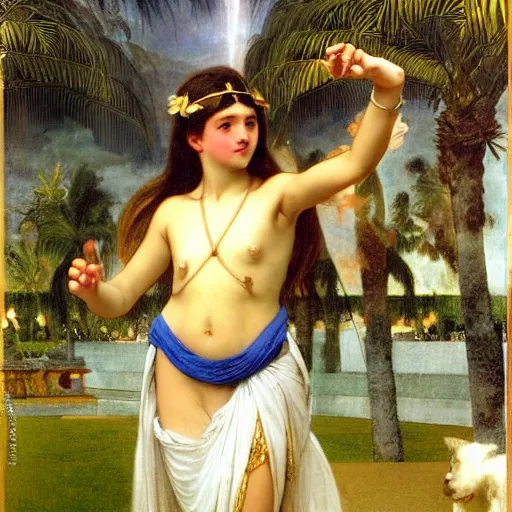 Image similar to Girl throwing gand signs at the palace, thunderstorm, pool, beach and palm trees on the background major arcana sky, by paul delaroche, alphonse mucha and arnold böcklin arnold böcklin hyperrealistic 8k, very detailed