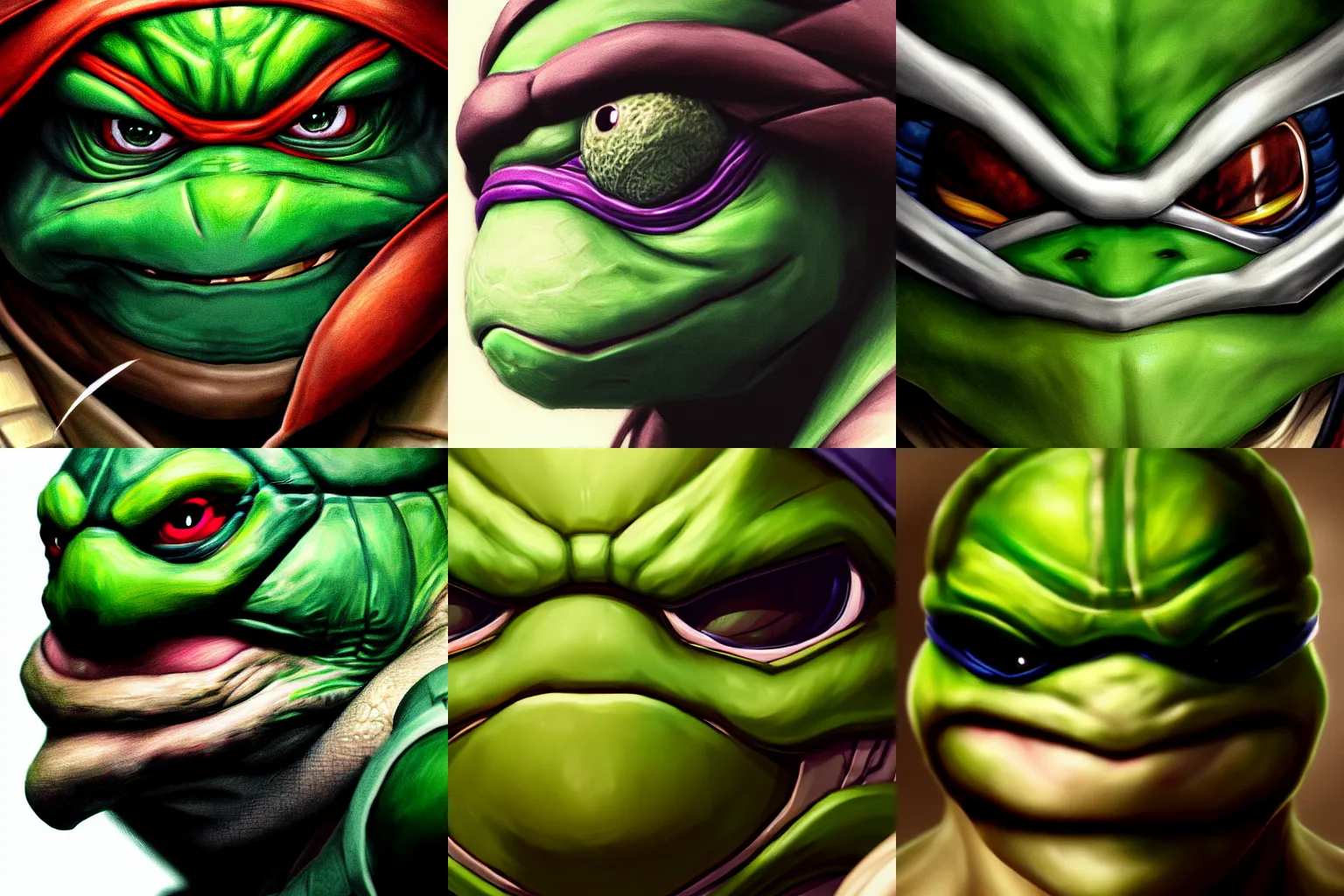 Prompt: a study of cell shaded portrait very close up face of ninja turtle as concept art, llustration, post grunge, concept art by A.C. Farley and wlop , highly detailed, sharp focus, alien, Trending on Artstation, HQ, deviantart, art by artgem