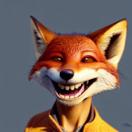 Image similar to weta disney pixar movie still macro close photo of smiling anthropomorphic fox holding on nose a bread with face : : by weta, greg rutkowski, wlop, ilya kuvshinov, rossdraws, artgerm, octane render, iridescent, bright morning, anime, liosh, mucha : :