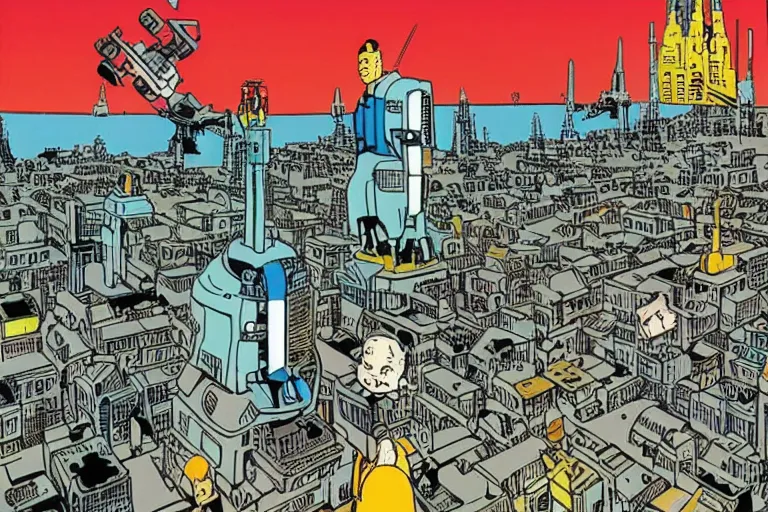 Image similar to sci-fi, futuristic city, cyberpunk, TinTin style! art by Hergé!!