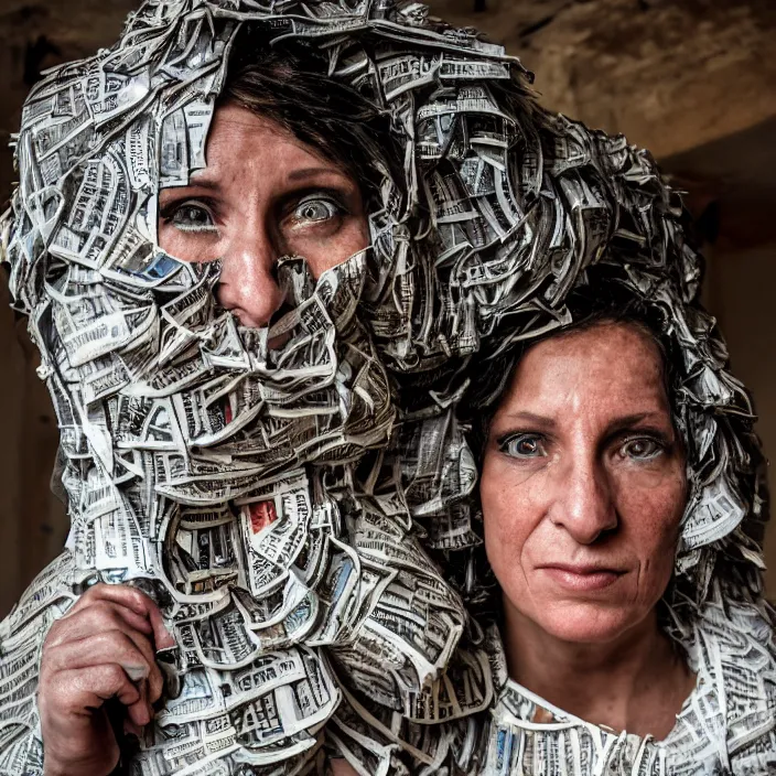 Image similar to closeup portrait of a woman with a hood made of newspaper and confetti, standing in a haunted abandoned house, by Annie Leibovitz and Steve McCurry, natural light, detailed face, CANON Eos C300, ƒ1.8, 35mm, 8K, medium-format print