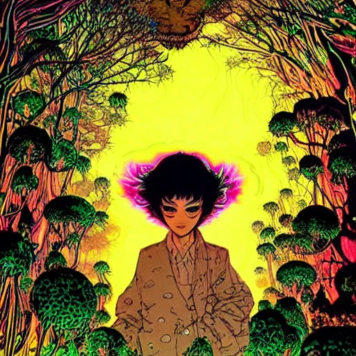 Image similar to a beautiful composition of a psychedelic glowing spirit animal psychonaut floating above a hedge maze, dmt, rich details full of texture, realistic eyes, artwork by satoshi kon and yoshitaka amano and moebius