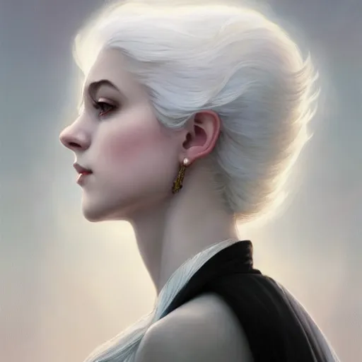 Image similar to white haired aristocrat, full body portrait, gentle, solemn face, cloth, female, city landscape, d & d, fantasy, intricate, elegant, digital painting, white grey color palette, artstation, octane render, concept art, matte, sharp focus, illustration, herrarthstone, art by artgerm and greg rutkowski and alphonse mucha