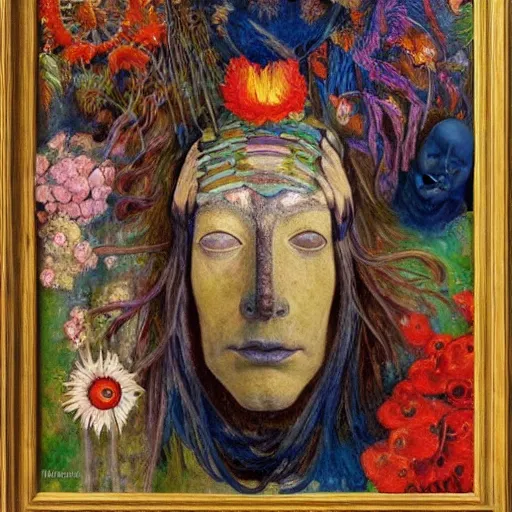 Image similar to masterpiece painting of a modern shaman, by annie swynnerton and jean delville and edward hopper and diego rivera and evelyn de morgan, facemask made of flowers, art brut, outsider art, symbolist, dramatic lighting, god rays, elaborate geometric ornament, clean crisp graphics, smooth sharp focus, extremely detailed, adolf wolfli