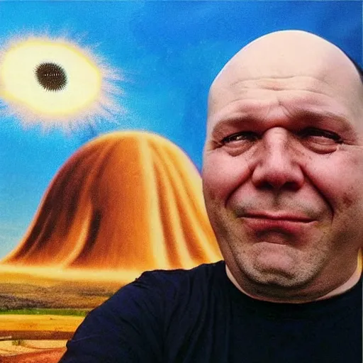 Prompt: selfie, crying bald ukrainian with a forelock against the background of a huge nuclear explosion in the form of the letter z