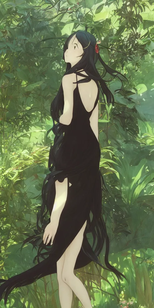 Prompt: a loli with long hair in a black dress in the privet garden at after noon, green and warm theme, back lighting, by krenz cushart and mucha and akihito yoshida and greg rutkowski and makoto shinkai, extremely long shot, detailed eyes, 4 k resolution, highly detailed, trending on art station