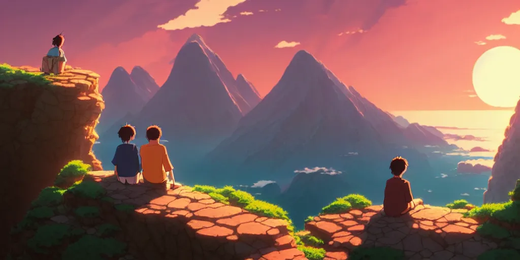 Image similar to a couple sitting over the precipice, looking at sunset, studio ghibli, pixar and disney animation, sharp, rendered in unreal engine 5, anime key art by greg rutkowski, bloom, dramatic lighting