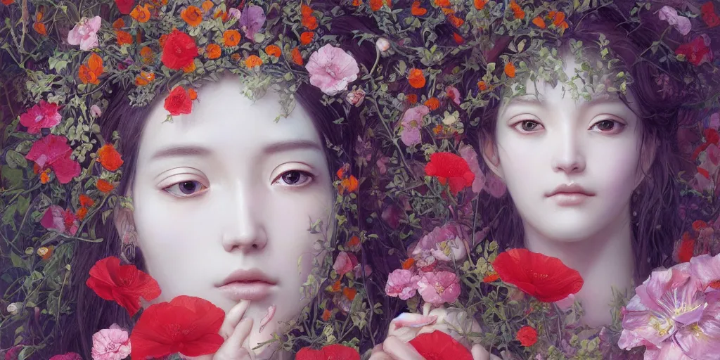 Image similar to breathtaking detailed concept art painting of the goddess of poppy flowers, orthodox saint, with anxious, piercing eyes, ornate background, amalgamation of leaves and flowers, by hsiao - ron cheng and john james audubon and miho hirano, extremely moody lighting, 8 k