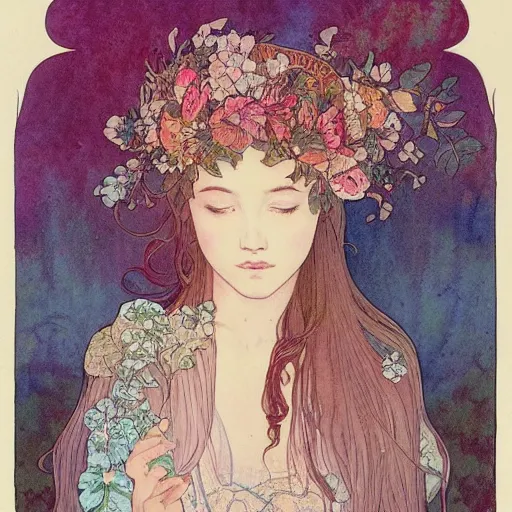 Image similar to a beautiful intricate watercolor illustration of a dreaming girl with flowers, leaves, 4 k, ultra - wide angle, by william turner, by victo ngai, by alphonse mucha, by moebius, by gustave dore, hd, trending on artstation, hyper detailed, muted intense colors