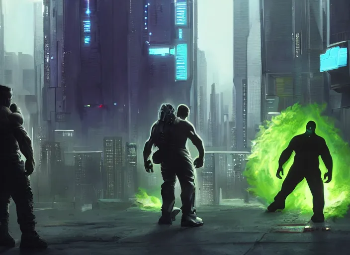 Image similar to cyberpunk scifi scene of the hulk fighting walter white, artstation, matt painting, very detailed, maximalism, ambient occlusion, volumetric light, atmospheric haze, unreal engine, hyper realism, realistic shading, cinematic composition, realistic render, octane render, detailed textures, photorealistic, wide shot