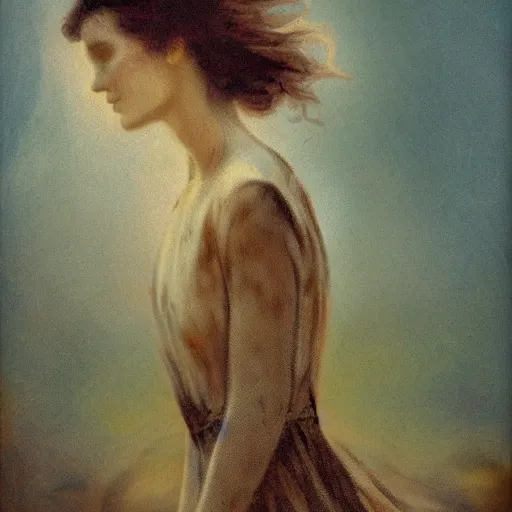 Image similar to 4 k resolution by abbott fuller graves ghostly, bold. a mixed mediart of a woman standing in a field of ashes, her dress billowing in the wind. her hair is wild & her eyes are closed, in a trance - like state. dark & atmospheric, ashes seem to be alive, swirling around.