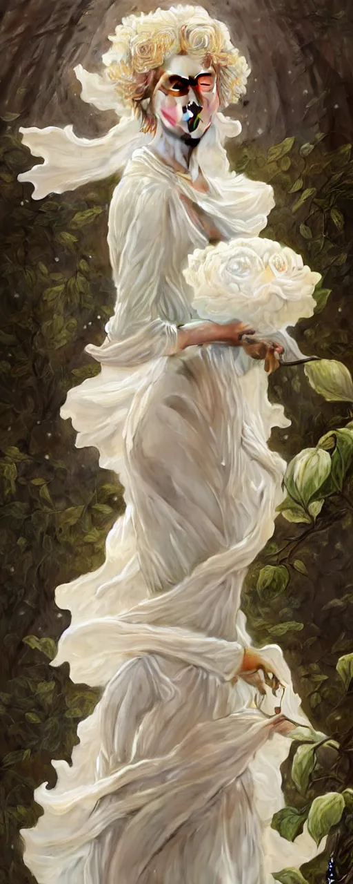 Image similar to woman dressed in a vaporous wrapped large victorian white roses semi -transparent silk dress fashion, D&D, fantasy, intricate, elegant, highly detailed, digital painting, artstation, concept art, matte, sharp focus, illustration, art by Artgerm and Greg Rutkowski and Alphonse Mucha