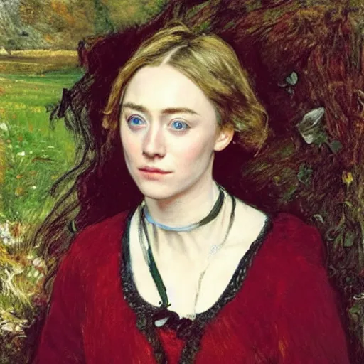 Image similar to a true-to-life portrait of Saoirse Ronan painted by John Everett Millais