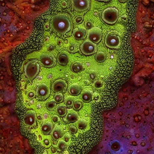 Prompt: a unique alien creepy fungal growth that covers entire landscapes with iridescent globs that have holes in them