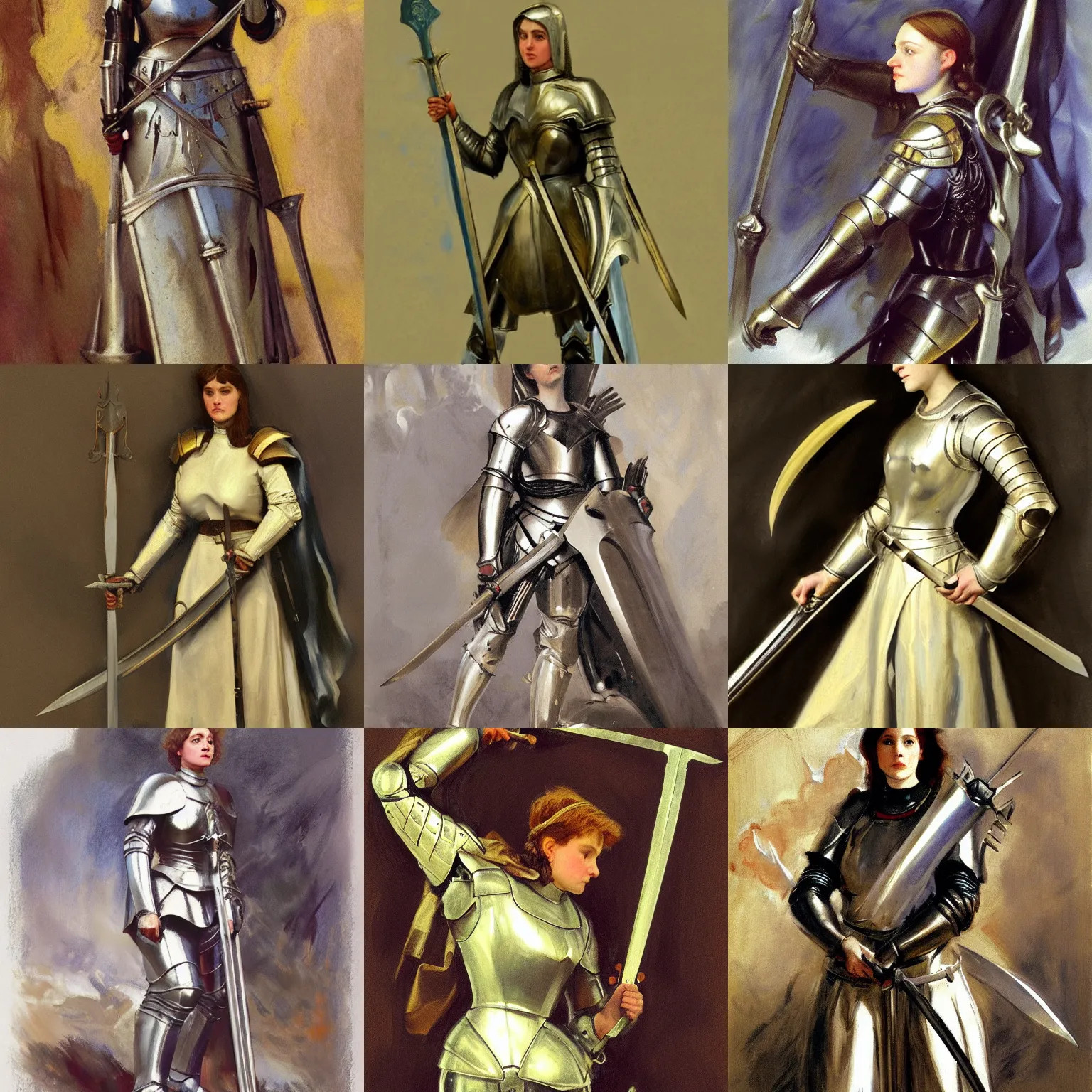 Prompt: joan of arc with sword and armor, detailed 3 / 4 view concept art portrait by john singer sargent