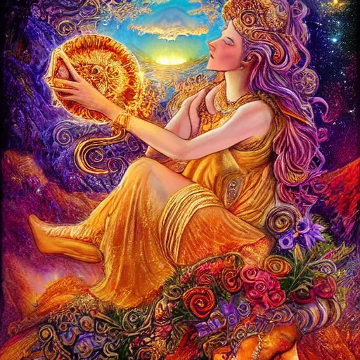 Prompt: goddess by josephine wall, goddess riding ram, flying ram, golden ram, goddess checking her phone, erupting volcano in distance, flowers in foreground, sun setting on right side of image, stars in sky on left side of image, trending on artstation, fantasy, intricately detailed