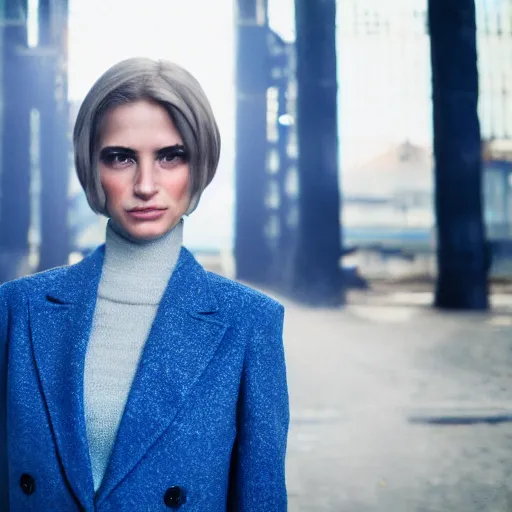 Prompt: hyperdetailed photo of a serious woman with light eyes and open mouth, very short hair, in a cybercity, in front of blue smoke behind, wearing wool suit, inside berghain, classic, photo 3 5 mm leica, hyperdetail, 8 k, very detailed, fine face