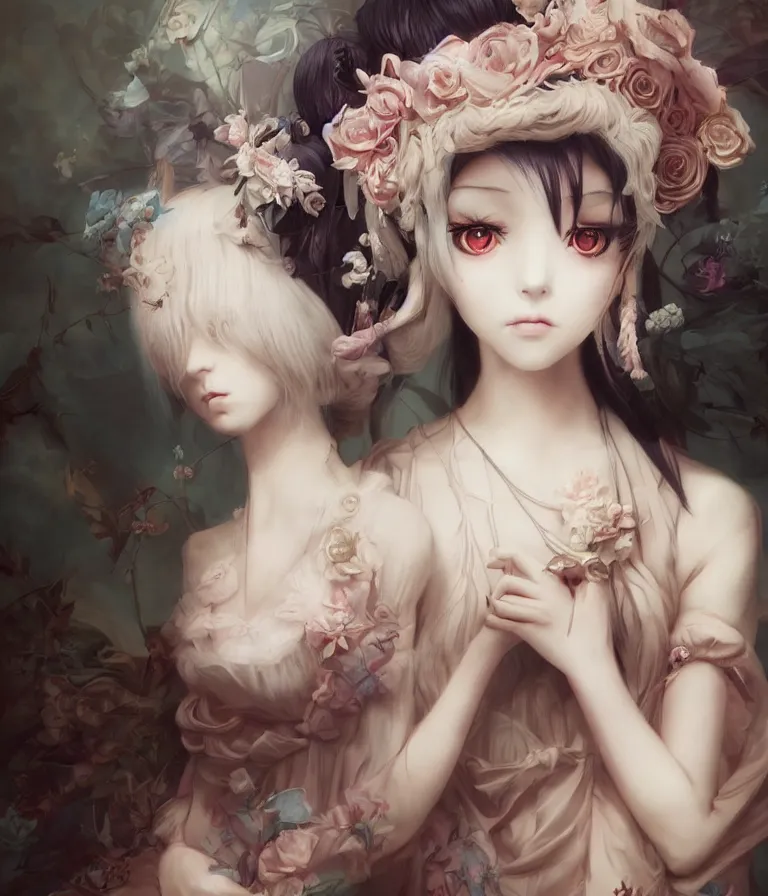 Image similar to anime 3 d art, wlop art, realistic marie antoinette girl painting, japanese street fashion, hyper realism, muted colours, rococo, natalie shau, anime, tom bagshaw, mark ryden, trevor brown style