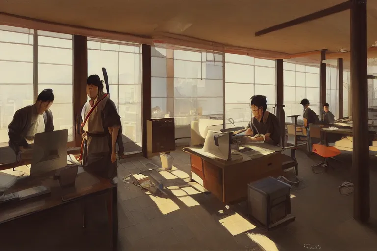 Image similar to japanese samurai working in a modern day office, late afternoon by tsviatko kinchev, makoto shinkai, linda wilder, cedric peyravernay, oil painting, ultra detailed