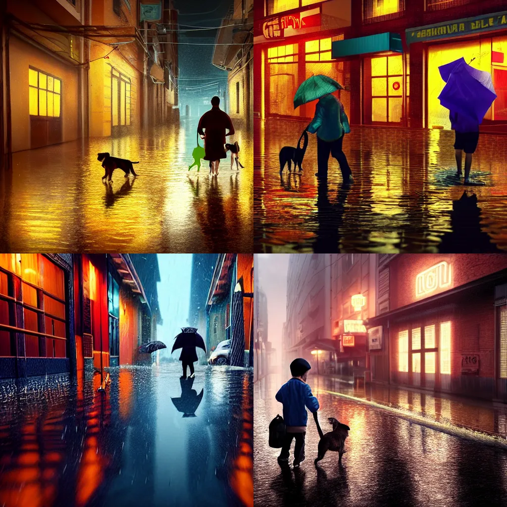 Prompt: young boy and his pet dog helping an old woman to cross a street, rainy evening, water reflection on the floor, neon, next to alley. Super realistic, high detail, volumetric lighting, 4k, dynamic lighting