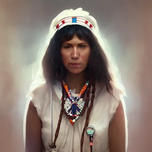 Image similar to Portrait of a Native American woman as a modern nurse in a hospital, digital art by Ruan Jia and Mandy Jurgens and Artgerm, highly detailed, trending on artstation, award winning,