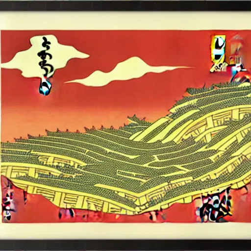 Image similar to propaganda poster of an abstract high resolution map of the banana city in Ukiyo-e style, HD