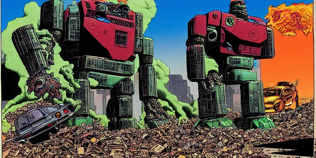 Image similar to Giant robot walking down a street while smoking giant blunt, a crushed car is under the foot of the giant robot by Richard Corben