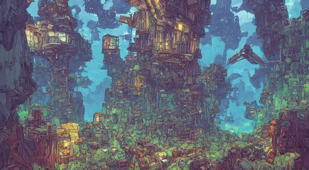 Image similar to open door wood wall fortress airship greeble block amazon jungle on portal unknow world ambiant fornite colorful that looks like it is from borderlands and by feng zhu and loish and laurie greasley, victo ngai, andreas rocha, john harris