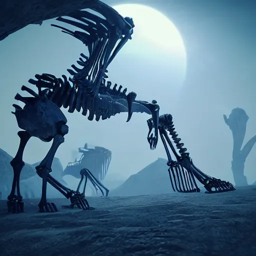 Image similar to the skeleton of a colossal creature on a deserted planet, illustration, epic, sci - fi, hyper detailed, smooth, unreal engine 5, sharp focus, ray tracing