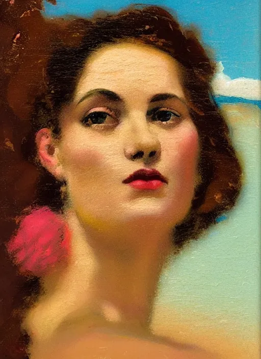 Prompt: an extreme close - up portrait of a lady in a scenic representation of mother nature and the meaning of life by billy childish, thick visible brush strokes, figure painting by delphin enjolras and by beal gifford, vintage postcard illustration, minimalist cover art by mitchell hooks