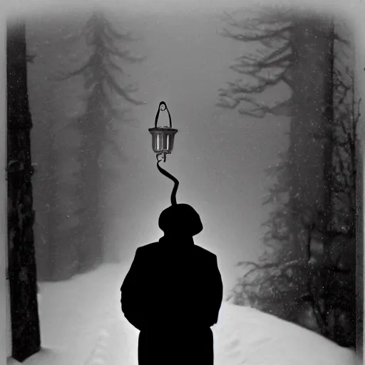 Prompt: a man holds a lantern, snowstorm, foggy, cold, view from the distance, black and white vintage photo