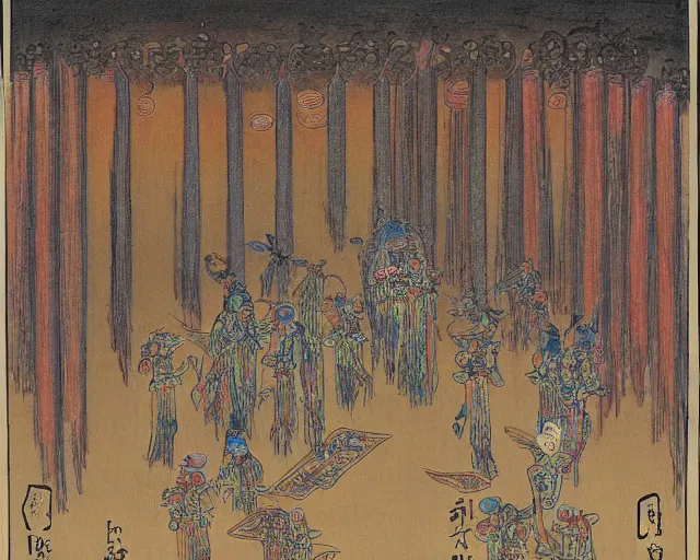 Image similar to Strange beings gathering inside the temple. Yves Tangyu.