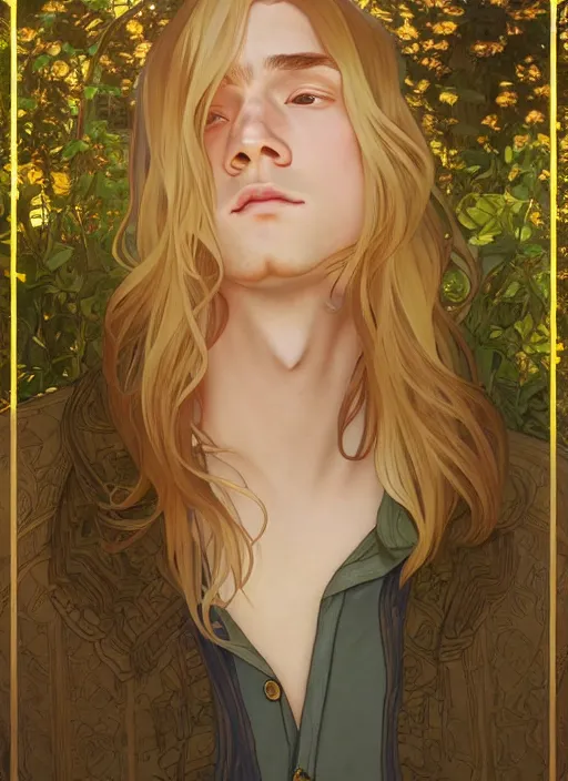 Image similar to pretty young man with shoulder length shiny shimmering golden blond hair, half body shot, path traced, highly detailed, high quality, digital painting, by studio ghibli and alphonse mucha, leesha hannigan, hidari, disney